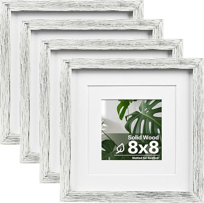 Egofine 8x8 Picture Frame Made of Solid Wood with Plexiglass, Display Pictures 4x4/6x6 with Mat or 8x8 Without Mat Set of 4 for Tabletop and Wall Mounting, Driftwood White