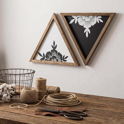 flangairy Floral Wall Decor Wooden Botanical Wall Art Framed Boho Wood Geometric Triangles Black White Bedroom Bathroom Room Home Decorations