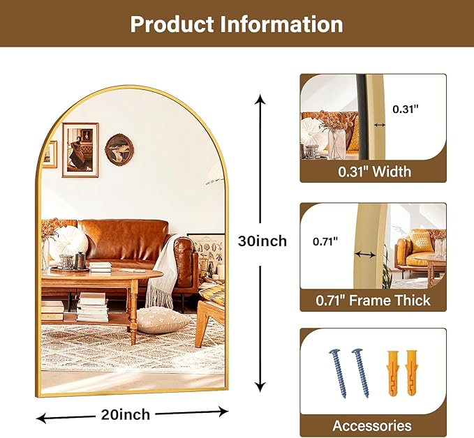 XRAMFY 20"x30" Gold Arched Bathroom Mirror - Wall Mirror for Bathroom, Metal Frame Vanity Mirror, Dresser Mirror, Arch Decorative Mirrors for Living Room, Bedroom, Entryway, Mantle