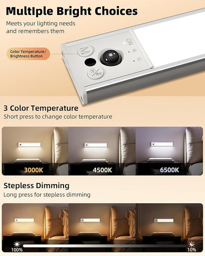 EZVALO 10inch Under Cabinet Lighting, Rechargeable Motion Sensor Light Indoor with 3 Color Temperatures, Dimmable & Magnetic Closet Lights, Wireless Under Counter Lights for Kitchen, Stairs (2 Pack)