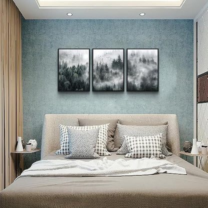 MHARTK66 Black Framed Wall Art For Living Room Modern Decorations Bedroom Foggy Forest Trees Landscape Painting Office Decor Home Ready To Hang a Pictures Of 3 Piece Prints