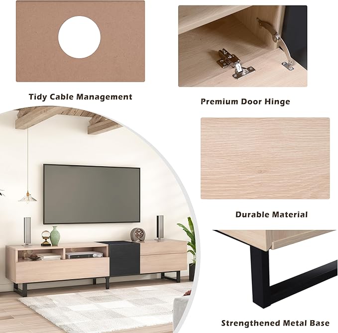 Merax Modern TV Entertainment Center with Cabinets, Drawers & Open Shelves, Wood TV Stand for TVs Up to 80” for Living Room Bedroom (Natural & Black)