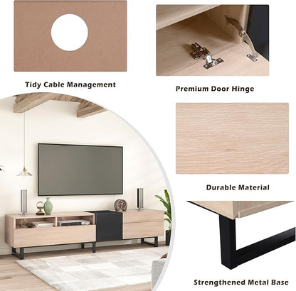 Merax Modern TV Entertainment Center with Cabinets, Drawers & Open Shelves, Wood TV Stand for TVs Up to 80” for Living Room Bedroom (Natural & Black)