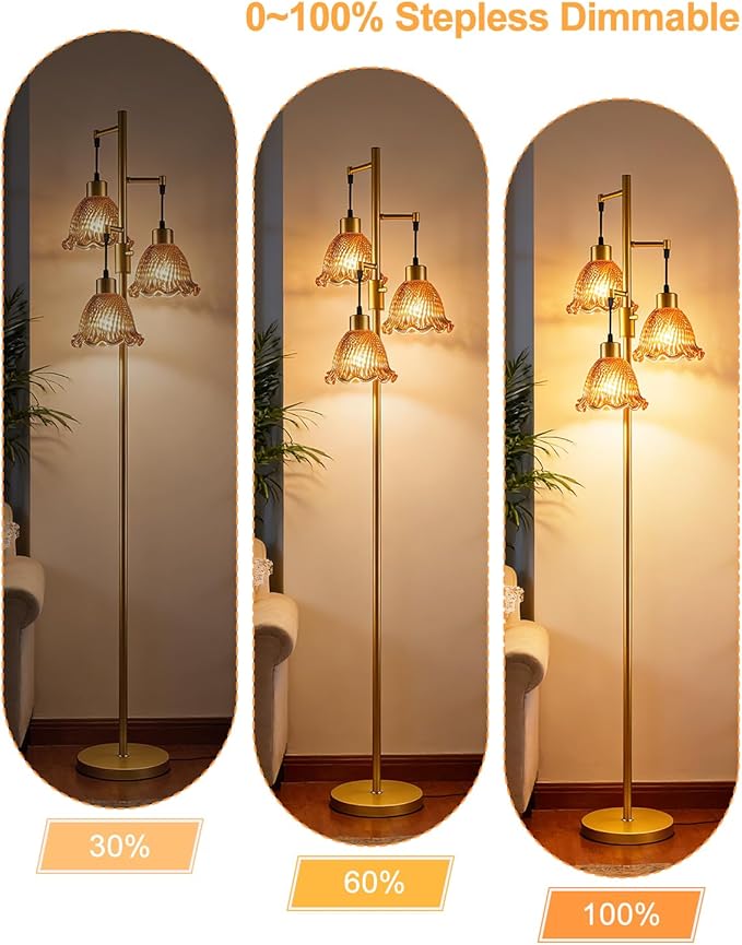 3-Light Modern Glass Floor Lamp, Gold Standing Tall Lamp with Deep Red Lily Glass Shade for Reading, Dimmable LED Floor Lamp with 5Lbs Heavy Base for Living Room Bedroom Home Decor, Bulb Included