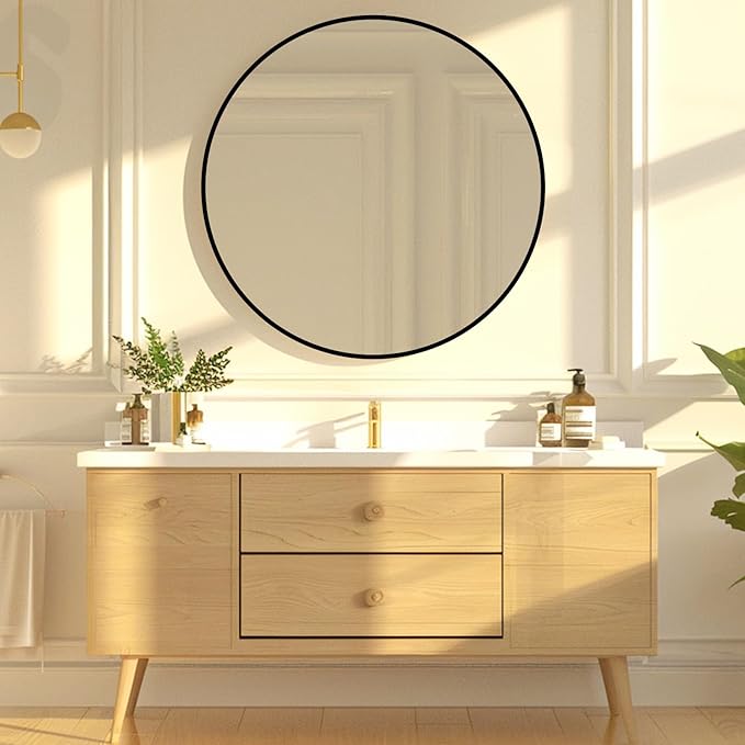Round Mirror 28 inch, Black Circle Mirror, Round Bathroom Mirrors, Circle Wall Mirrors for Bathroom, Living Room, Hallway, Vanity, Over Sink