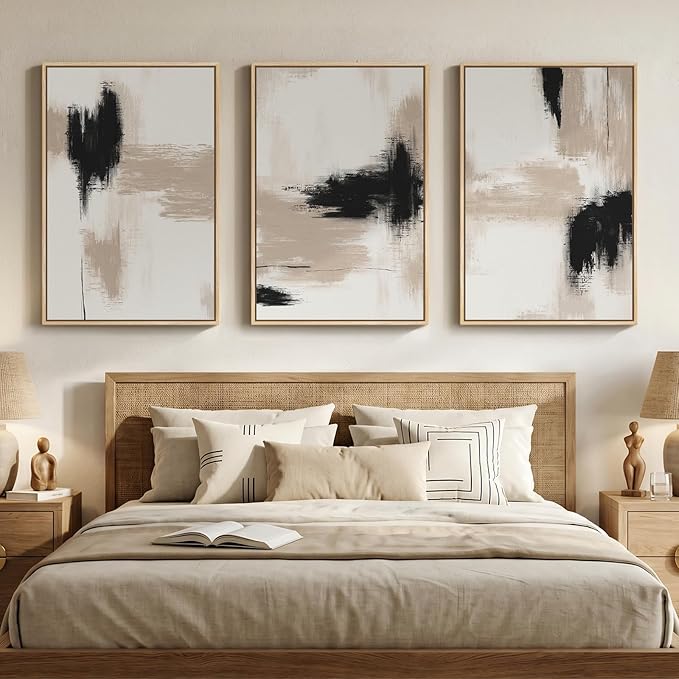 Large Framed Neutral Abstract Wall Art for Living Room, 3 Piece Modern Minimalist Canvas Prints Artwork for Walls, Extra Large Abstract Paintings for Dining Room Bedroom Hallway Wall Decor, 24x36 Inch