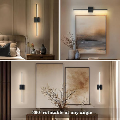 KARTOOSH 28.3 Inch Battery Operated Wireless Wall Sconce, 360° Rotatable Detachable Modern Wall Lamp with Remote Control Stepless Dimmable 3000K-6000K LED Light for Bedroom, Living Room Gallery Black