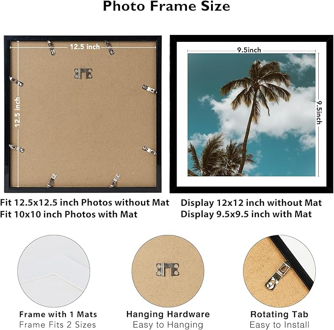 JCJMY 12 Pack 12.5x12.5 Record Frame with 10x10 Mat for Vinyl Record Album Cover Poster, Display Photo 10x10 with Mat or 12.5 x 12.5 Without Mat, Wall Hanging Vinyl Frames, 12 Pack, Black