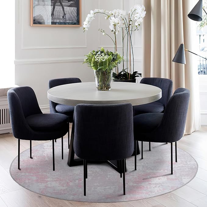 ROYHOME Modern Abstract 8x8 Round Area Rug Non Slip Non Shedding Rug Low Pile Stain Resistant for Bedroom Living Room Office Dining Room,Grey Pink