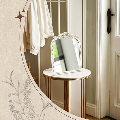 Vintage Makeup Mirror Antique Arched Vanity Tabletop Mirrors for Dresser,Baroque Decor Ornate Standing Mirror for Living Room,Desktop,Bedroom 12.1" x 9.8"