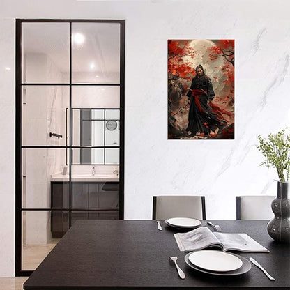 Oriental Samurai Wall Art Black and Red Warrior Wall Decor Canvas Prints Warrior Figure Pictures Bushido Posters Artwork Framed for Living Room Bathroom Bedroom Office (28''W x 44''H)