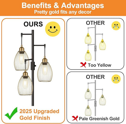 Dimmable Floor Lamp, Industrial Floor Lamps for Living Room, Gold and Black Tree Lamp Standing Lamp Tall Lamps with 3 Elegant Teardrop Cage Head & 800 Lumens LED Bulbs for Living room Bedroom Office