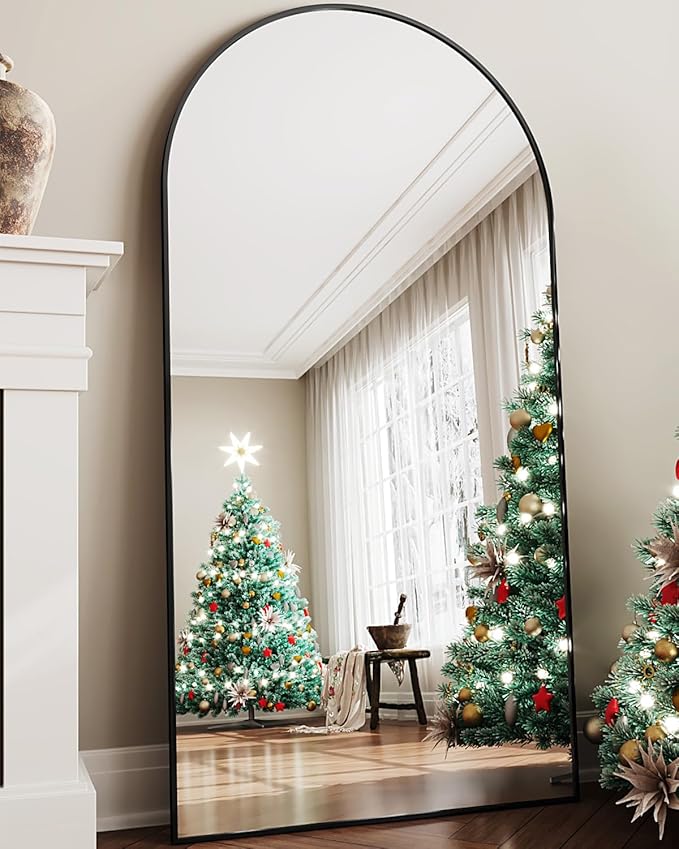 Full Length Mirror, 81"x41" Oversized Floor Mirror Freestanding, Full Body Floor Standing Mirror with Stand, Hanging Mounted for Bedroom Living Room, Black, Arched Style