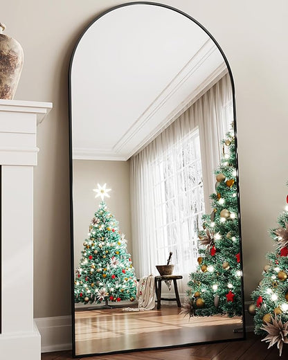 Full Length Mirror, 81"x41" Oversized Floor Mirror Freestanding, Full Body Floor Standing Mirror with Stand, Hanging Mounted for Bedroom Living Room, Black, Arched Style