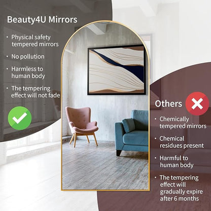 Beauty4U 76" x 37" Arched Full Length Mirror with Stand, Large Floor Mirror for Bedroom & Living Room, HD Tempered Glass Wall Mounted or Leaning Dressing Mirror, Gold Metal Frame