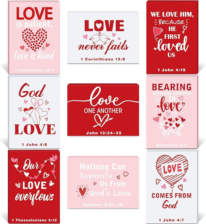Yousoontic 9 Pcs Christian Valentine's Day Decor Bible Verse Religious Jesus Table Decorations Wood Block Sign Rustic Valentines Love Tiered Tray Decor for Church Home Shelf Table Top(Classic)