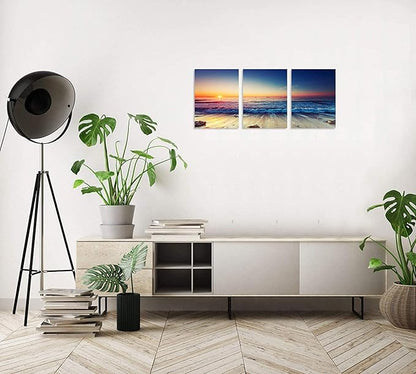 TutuBeer 3 Panels Beach Home Beach Decor Sea Wall Art for Home White Ocean Sea Sunrise with Deep Blue Sky Ocean Pictures Seascape Art for Wall Seascape Art 12" x 24" x 3 Pieces