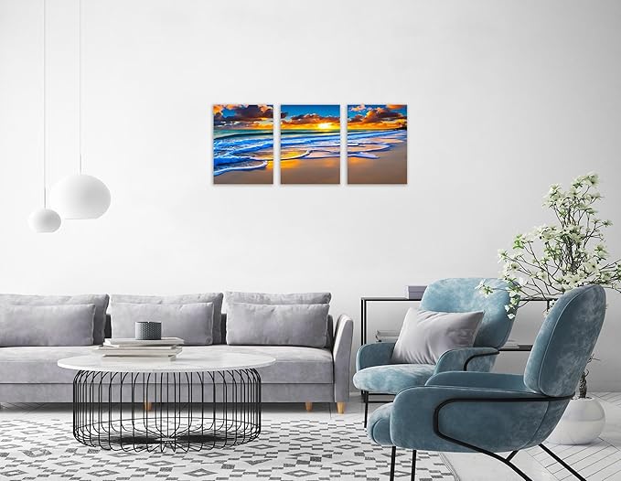 TutuBeer 3 Pcs Wall Decor Beach Ocean Pictures Sunrise over the Beach Pictures Print on Canvas Seascape Canvas Coastal Wall Art Ocean Wall Art Stretched and Framed 12" x 16" x 3