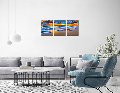 TutuBeer 3 Pcs Wall Decor Beach Ocean Pictures Sunrise over the Beach Pictures Print on Canvas Seascape Canvas Coastal Wall Art Ocean Wall Art Stretched and Framed 12" x 16" x 3