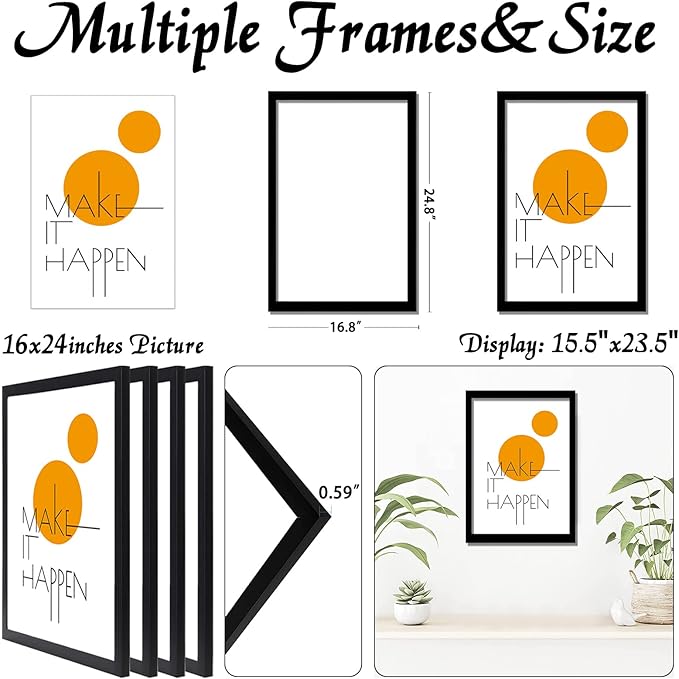 16x24 Picture Frame Set of 4, Black 16 x 24 Frame High Transparent Wall Gallery Poster Canvas Photo Frames for 16 by 24 inches
