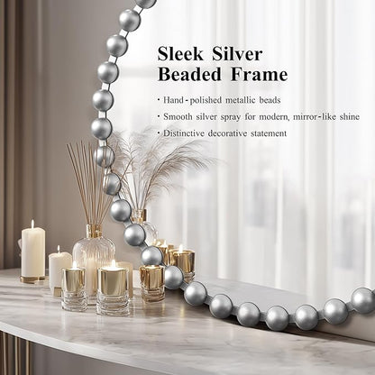 36'x36' Beaded Silver Round Wall Mirror with Metal Frame, Small Vintage Retro Baroque Ornate Vanity Mirror for Bathroom, Fireplace,Entryway, Living Room (Beaded Round Mirror)