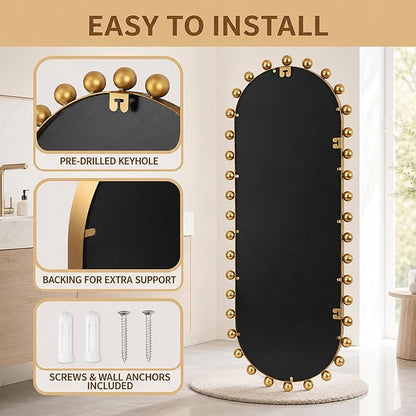 Oval Full-Length Wall Mounted Mirror 20" x 51", Antique Gold Beaded Beveled Mirror with Ball Frame, Vertical & Horizontal Hanging Wall Mirror for Bathroom, Bedroom, Dressing Room, Entryway