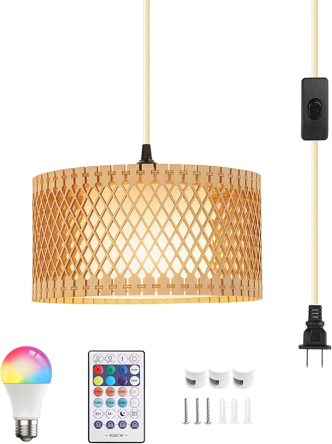 ZSLAIFU Hanging Lamp Plug in Pendant Light, 15FT Hanging Lights with Plug in Cord, Hanging Light with Bulb and Remote, Wood Shade Hanging Lamps for Bedroom, Living Room, Kitchen, Farmhouse