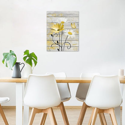 HVEST Farmhouse Yellow Floral Wall Art for Bathroom, Retro Daisy and Butterfly on Rustic Wood Canvas Wall Art Nature Flower Pictures for Living Room Bedroom Apartment Wall Decor,16L X 12W inches