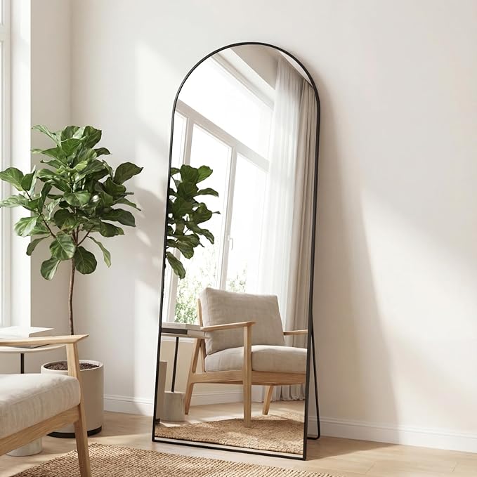 Sweetcrispy 56"x21" Arched Full Length Mirror, Full Body Mirror with Aluminum Alloy Thin Frame, Leaning or Standing, Suitable for Bedroom, Livingroom, Cloakroom, Black