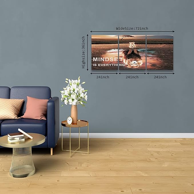 KAWAHONE Motivational Lion King Mindset Wall Art Gold, Success Cat Reflect Lion Mindset is Everything Quotes Poster Positive Affirmation Wall Decor Inspirational Canvas Painting Wall Hanging Picture