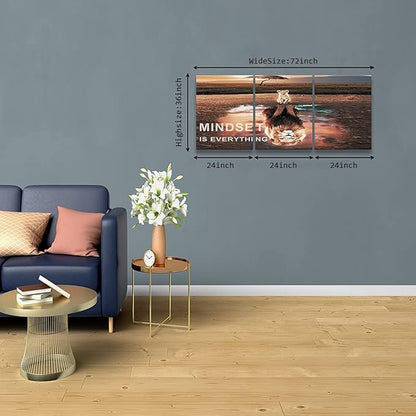 KAWAHONE Motivational Lion King Mindset Wall Art Gold, Success Cat Reflect Lion Mindset is Everything Quotes Poster Positive Affirmation Wall Decor Inspirational Canvas Painting Wall Hanging Picture