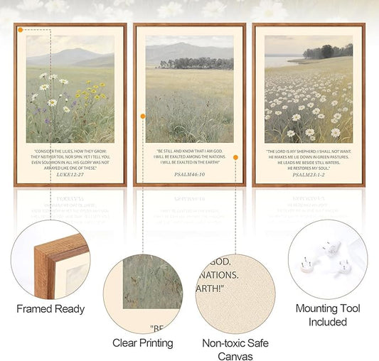 Aurlan Christian Bible Verses Scripture Framed Wall Art(24"x36"), 3PCS Boho Wildflowers Landscape Nature Canvas Artwork, Religious Luke12:27 Psalm46:10 Psalm23:1-2 Jesus Faith Gift Decor for Home Office Bedroom