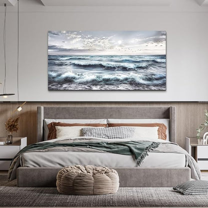 QIYILEXWART Canvas Wall Art For Living Room Large Wall Decor For Office Bedroom Decorations Watercolour Wall Pictures Ocean Waves Painting Artwork Room Ready To Hang