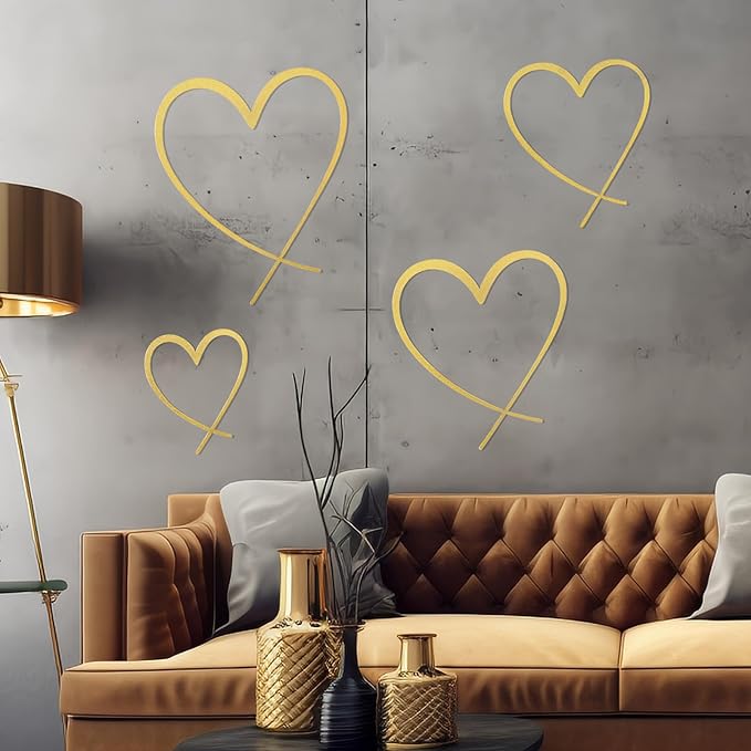 KOYILTD 4 Pcs Metal Heart Wall Art for Bedroom Modern Love Heart Wall Decor Metal Wall Decoration above Bed for Living Room Bathroom Office Wedding (Gold, Classic)