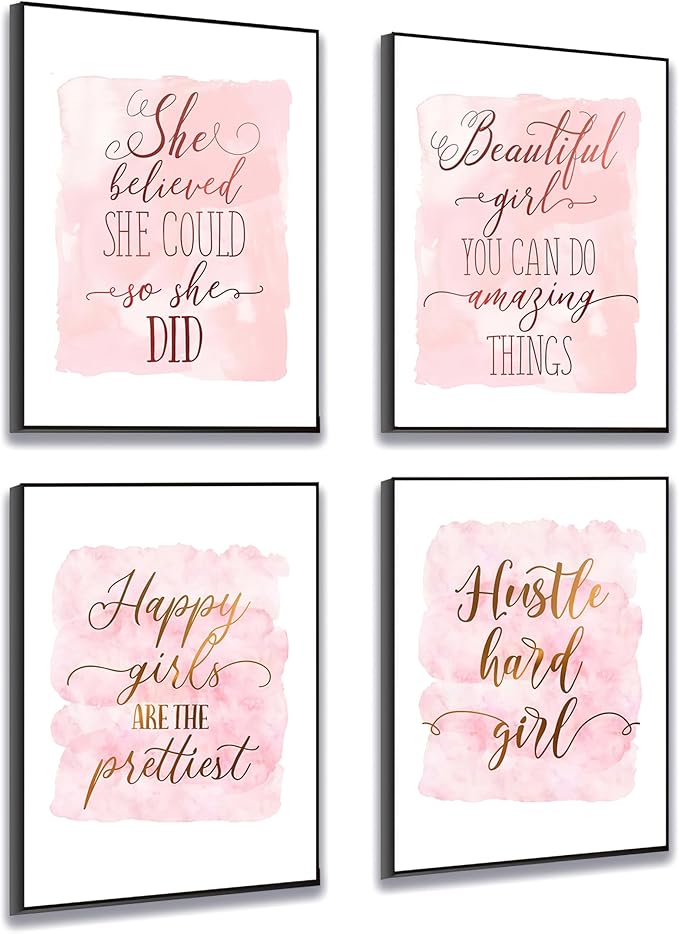 Set of 4 Framed Motivational Wall Art Quote Letters for Living Room Home Decor, Canvas Painting Posters Print Pictures Positive Words for Home Office Teen Bedroom Decoration Nordic