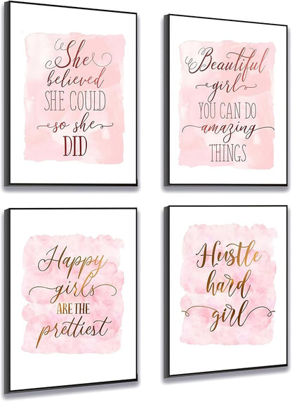 Set of 4 Framed Motivational Wall Art Quote Letters for Living Room Home Decor, Canvas Painting Posters Print Pictures Positive Words for Home Office Teen Bedroom Decoration Nordic
