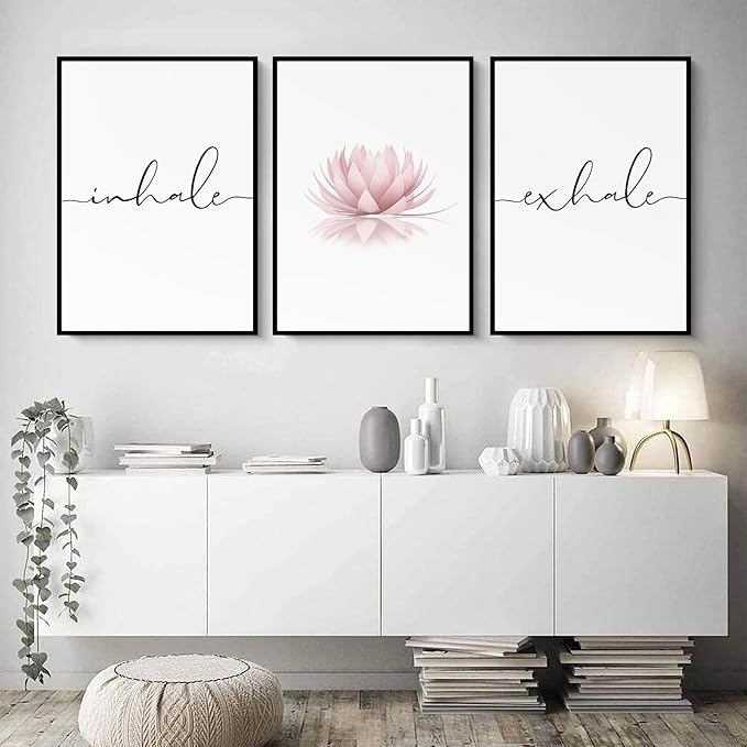 Pennclys Inhale Exhale Wall Art Zen Canvas Decor Yoga Lotus Wall Art Calming Meditation Artwork Pink Yoga Poster Zen Pictures Painting for Living Room Bedroom 16x24 Inch Framed Set of 3