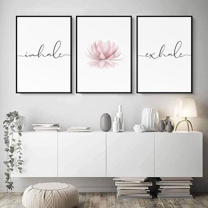Pennclys Inhale Exhale Wall Art Zen Canvas Decor Yoga Lotus Wall Art Calming Meditation Artwork Pink Yoga Poster Zen Pictures Painting for Living Room Bedroom 16x24 Inch Framed Set of 3