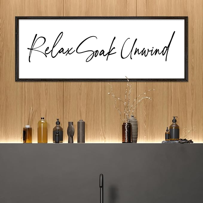 Relax Soak Unwind Wall Decor Art 32"X12" Bathroom Sign Shower Room above the Bathtub Large Wood Framed Wall Hanging (Black)