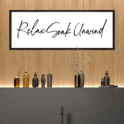 Relax Soak Unwind Wall Decor Art 32"X12" Bathroom Sign Shower Room above the Bathtub Large Wood Framed Wall Hanging (Black)