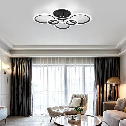 Modern LED Flush Mount Ceiling Light, 6 Rings Black Close to Ceiling Light Fixtures, Living Room Lighting Fixture Ceiling Lamp for Kitchen, Bedroom, Laundry Room, 4000K Not Dimmable