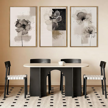 IARTTOP Oversized Framed Black Abstract Neutral Wall Art 24x36 Inch Large Modern Beige Gray Floral Canvas Wall Decor Minimalist White Flower Art Prints for Living room Bedroom Set of 3