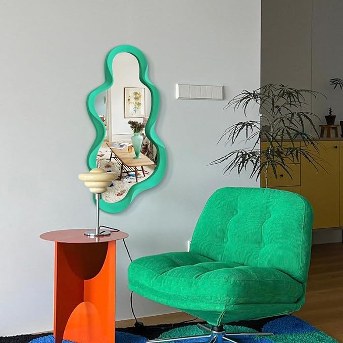 Irregular Wall Mirror Living Room Decor, Cloud Decorative Mirrors with Flocking Touch, 13.8x29.7 Modern Wavy Mirror for Hallway Entryway Staircase, Over the Bed Wall Art Decoration (Green)