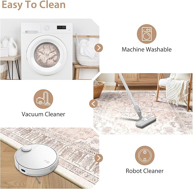 BESTSWEETIE 6ft Area Rug Washable Rugs for Living Room, No Pile Boho Carpet for Entryway Bedroom Dinning Room, Vintage Carpet Print Distressed Non-Slip, 72" Round, Pink Beige Grey