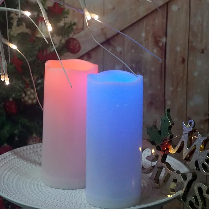 CANDLE CHOICE Waterproof Outdoor Color Changing Flameless Candles Remote Timer White Realistic Flickering Battery Operated Electric LED Pillars for Wedding Christmas Decoration Teen Girls 3”x7” 2PCS