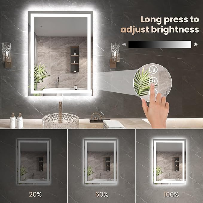 Snowdool 20"X28" LED Bathroom Mirror with Front Lights and Backlit, Anti-Fog, Dimmable, Shatter-Proof Tempered Glass, Lighted Bathroom Vanity Mirror for Wall with 3 Colors, Memory Function