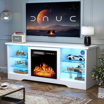 TAVATA Fireplace TV Stand with 18" Fireplace, Modern Entertainment Center for TVs up to 65 inch, Media TV Console for Living Room with Led Lights, Adjustable Glass Shelves and Storage Cabinets (White)