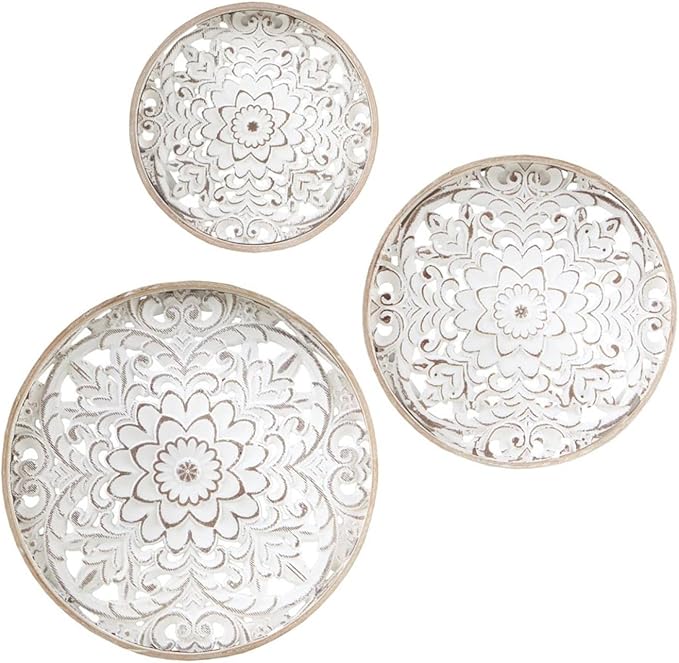Madison Park Wall Art Living Room Décor - Medallion Trio Real Fir Wood Round Design, Home Accent Modern Kitchen Dining Decoration, Ready to Hang Panel for Bedroom, Multi-Sizes, Natural/White 3 Piece