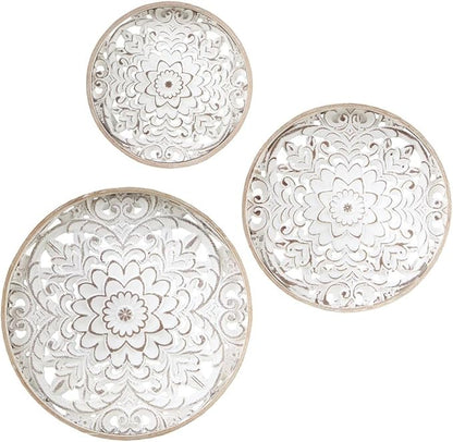 Madison Park Wall Art Living Room Décor - Medallion Trio Real Fir Wood Round Design, Home Accent Modern Kitchen Dining Decoration, Ready to Hang Panel for Bedroom, Multi-Sizes, Natural/White 3 Piece