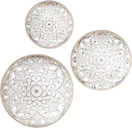 Madison Park Wall Art Living Room Décor - Medallion Trio Real Fir Wood Round Design, Home Accent Modern Kitchen Dining Decoration, Ready to Hang Panel for Bedroom, Multi-Sizes, Natural/White 3 Piece